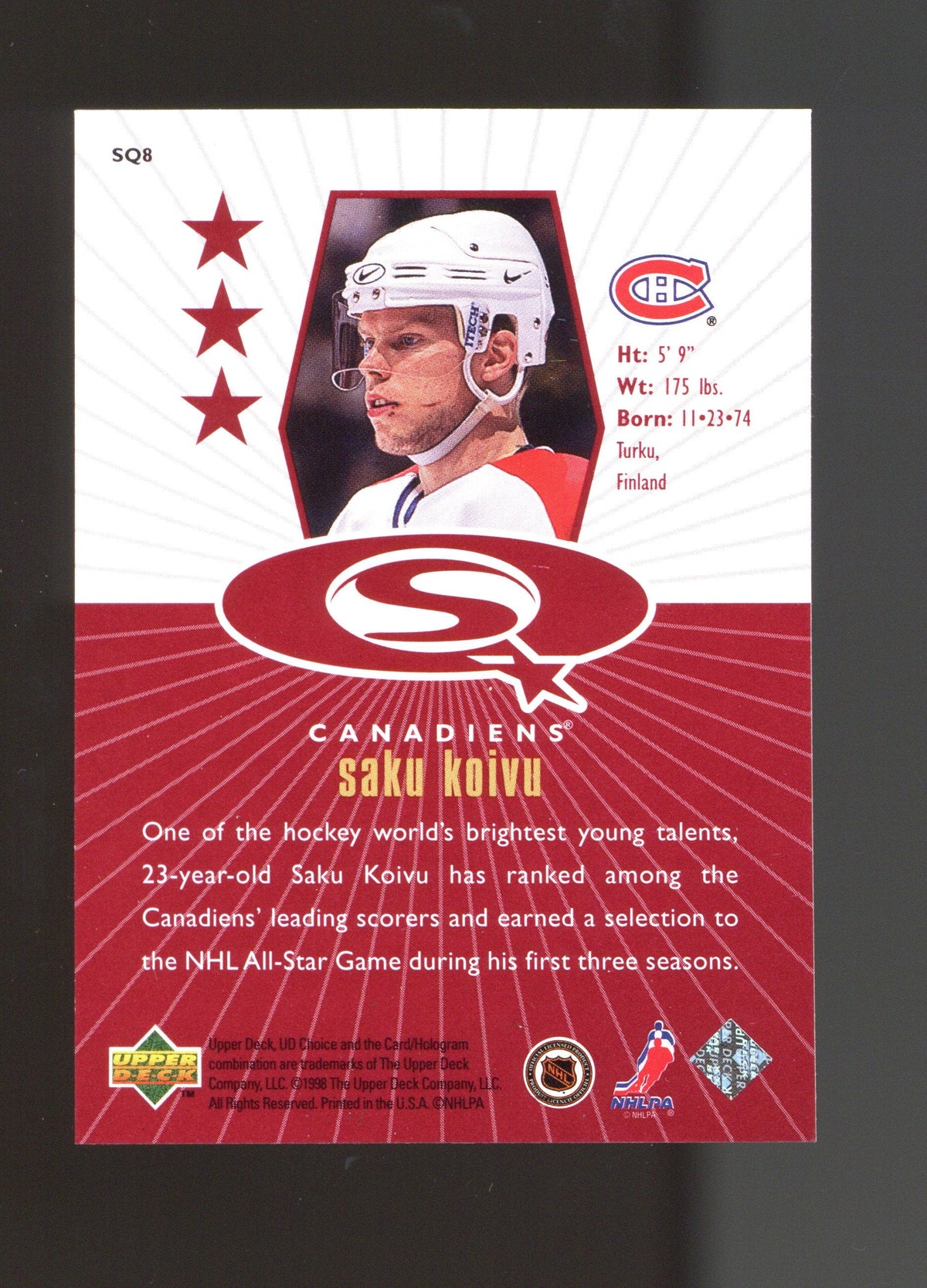 1998-99 UD Choice #SQ8 Saku Koivu StarQuest Red product image 2, provided for visual reference and product detail review