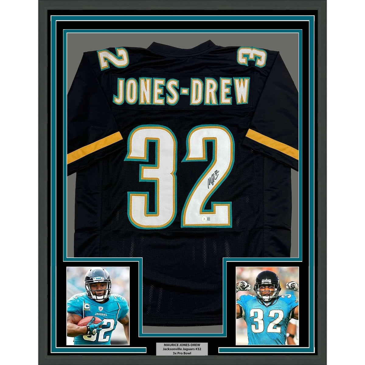 Framed Autographed/Signed Maurice Jones-Drew 35x39 Black Jersey Beckett COA product image 1, provided for visual reference