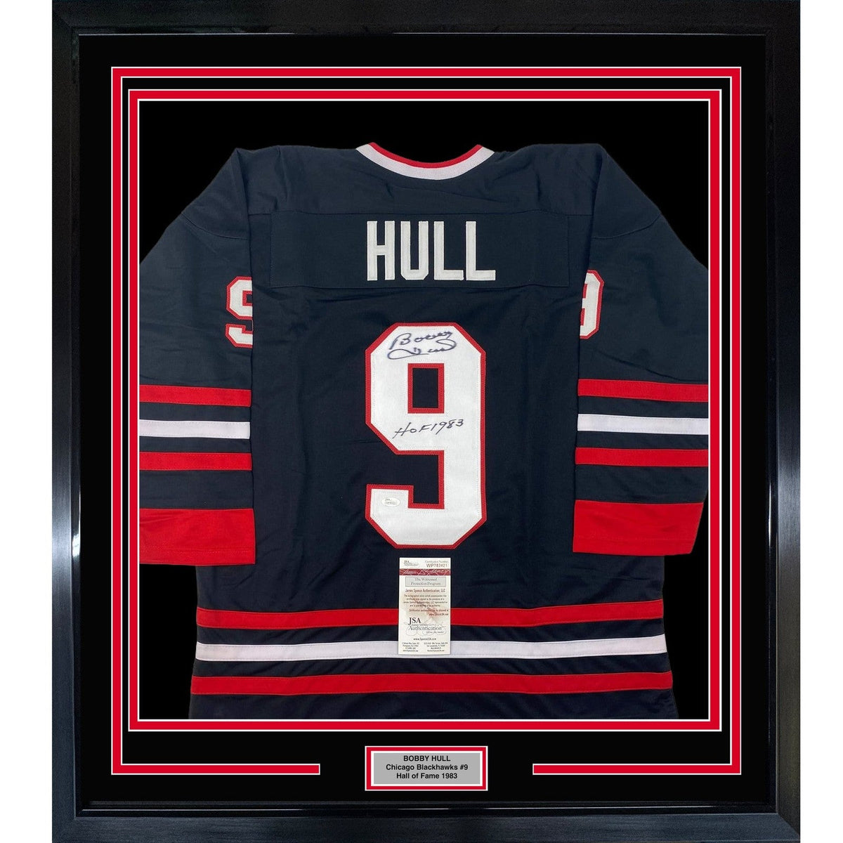 Framed Signed Bobby Hull HOF 1983 35x39 Chicago Black Jersey JSA COA product image 1, provided for visual reference and