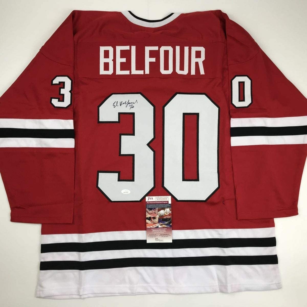Autographed/Signed Ed Belfour Chicago Red Hockey Jersey JSA COA product image 1, provided for visual reference and product