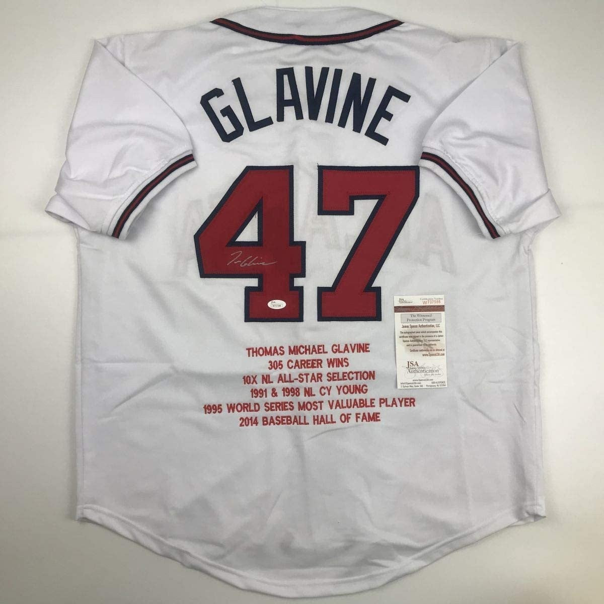Autographed/Signed Tom Glavine Atlanta White Stat Baseball Jersey JSA COA product image 1, provided for visual reference and