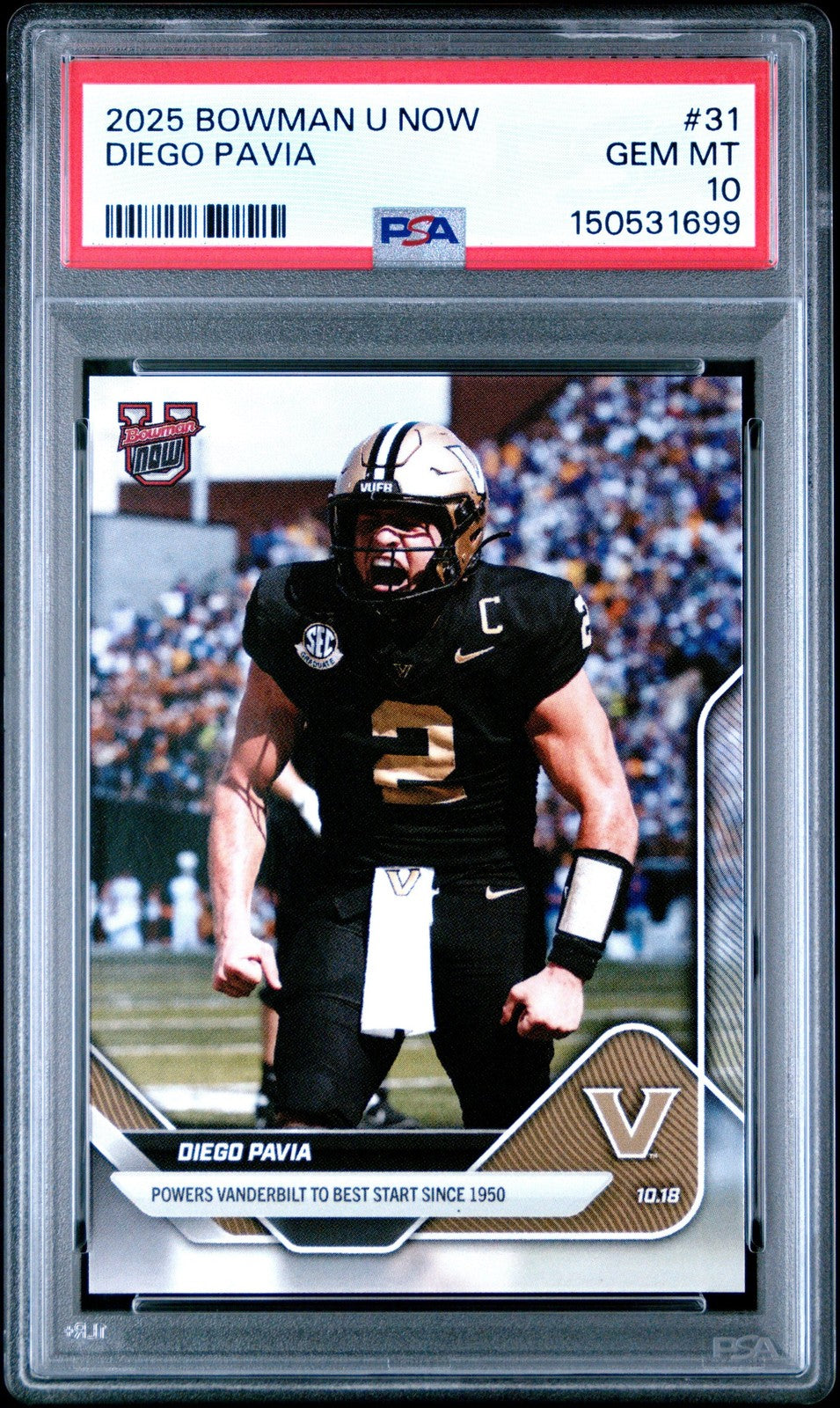 Graded 2025 Topps Bowman U Now Diego Pavia #31 Rookie Card PSA 10 product image 1, provided for visual reference and product
