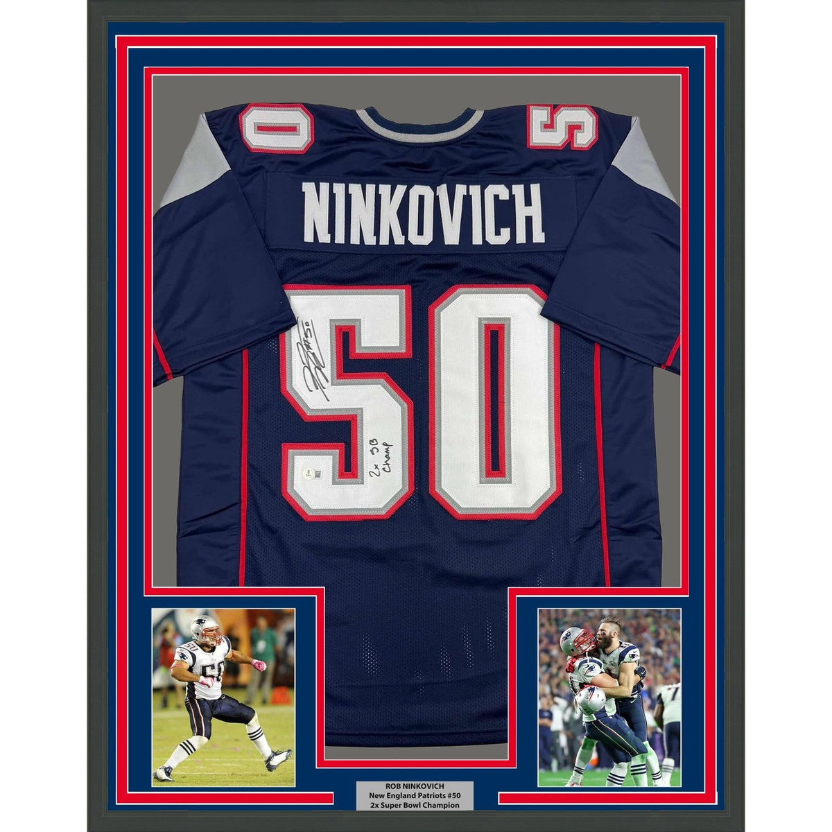 Framed Autographed/Signed Rob Ninkovich 35x39 New England Blue Jersey COA product image 1, provided for visual reference and