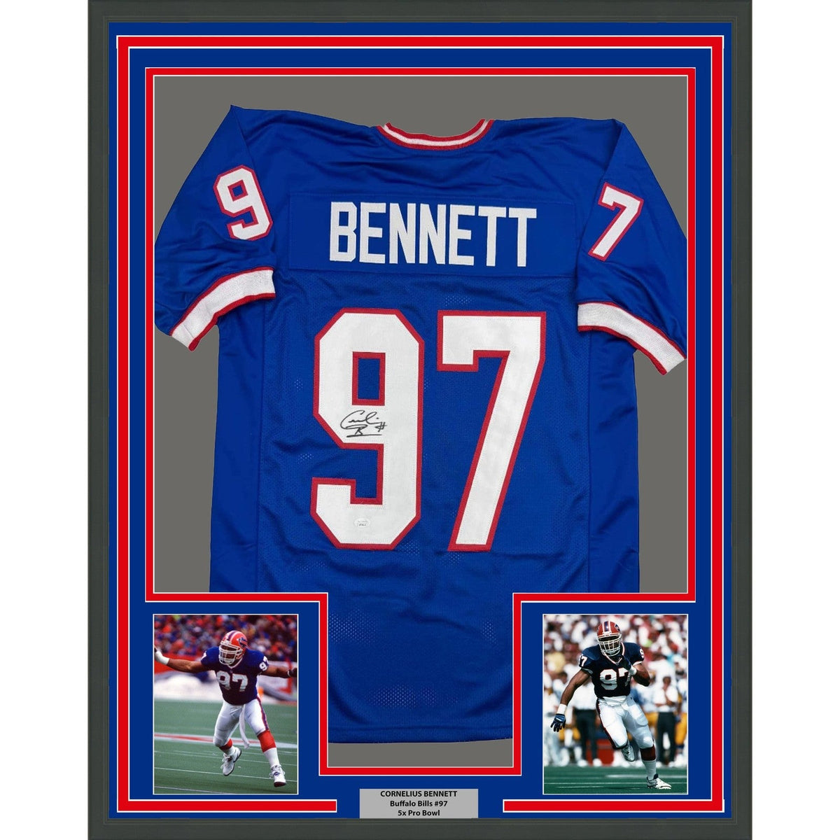 Framed Signed Cornelius Bennett 35x39 Buffalo Blue Jersey JSA COA product image 1, provided for visual reference and product