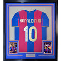 Framed Signed Ronaldinho 35x39 Barcelona Blue/Red Jersey Beckett COA product image 1, provided for visual reference and