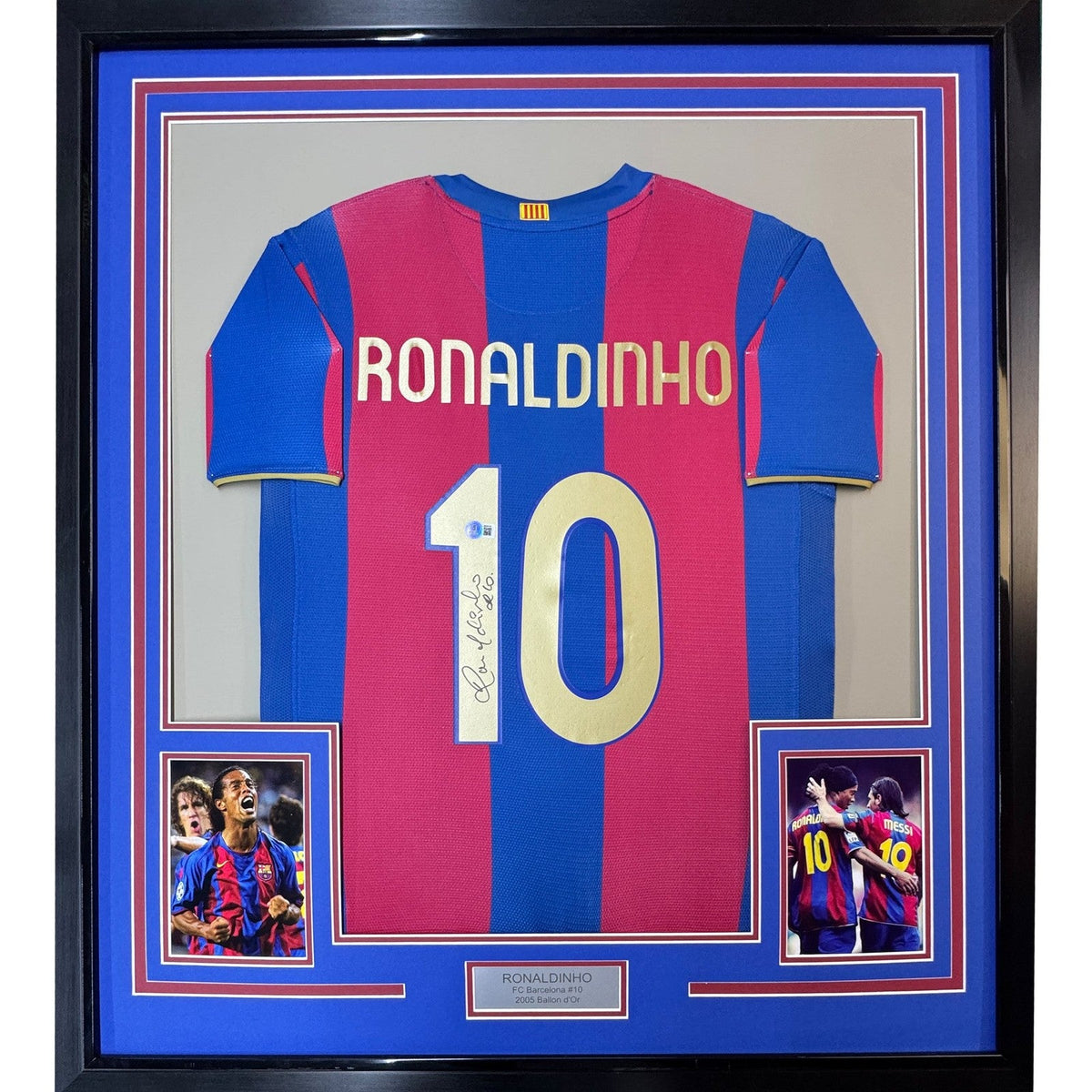 Framed Signed Ronaldinho 35x39 Barcelona Blue/Red Jersey Beckett COA product image 1, provided for visual reference and