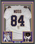 Framed Autographed/Signed Randy Moss 35x39 Minnesota White Jersey JSA COA product image 1, provided for visual reference and