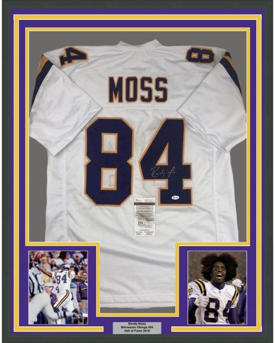 Framed Autographed/Signed Randy Moss 35x39 Minnesota White Jersey JSA COA product image 1, provided for visual reference and