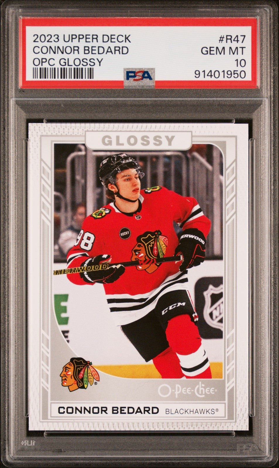 Graded 2023 Upper Deck Connor Bedard #R47 OPC Glossy Rookie Card PSA 10 product image 1, provided for visual reference and