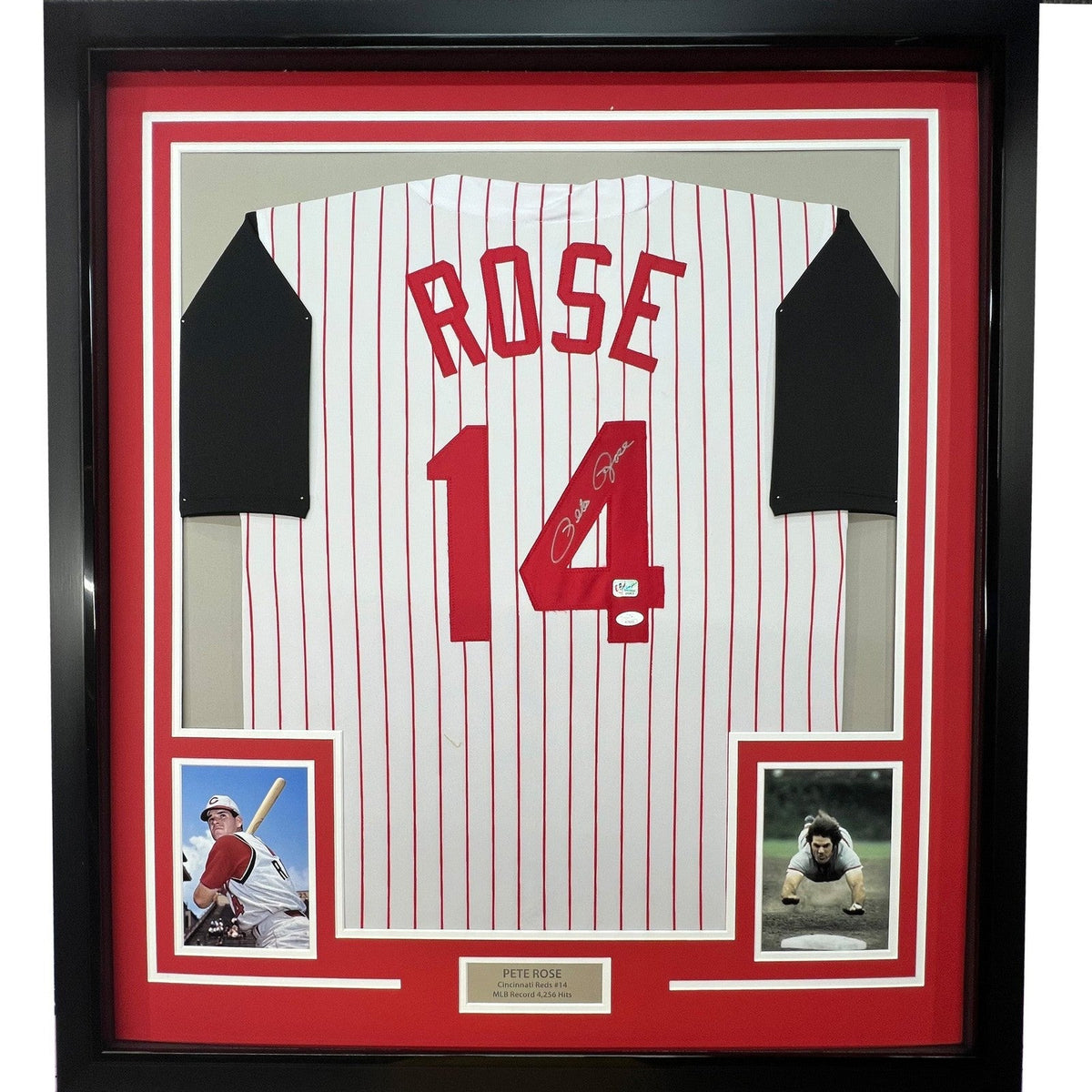 FRAMED Signed PETE ROSE 35x39 Cincinnati Pinstripe Jersey JSA COA product image 1, provided for visual reference and product