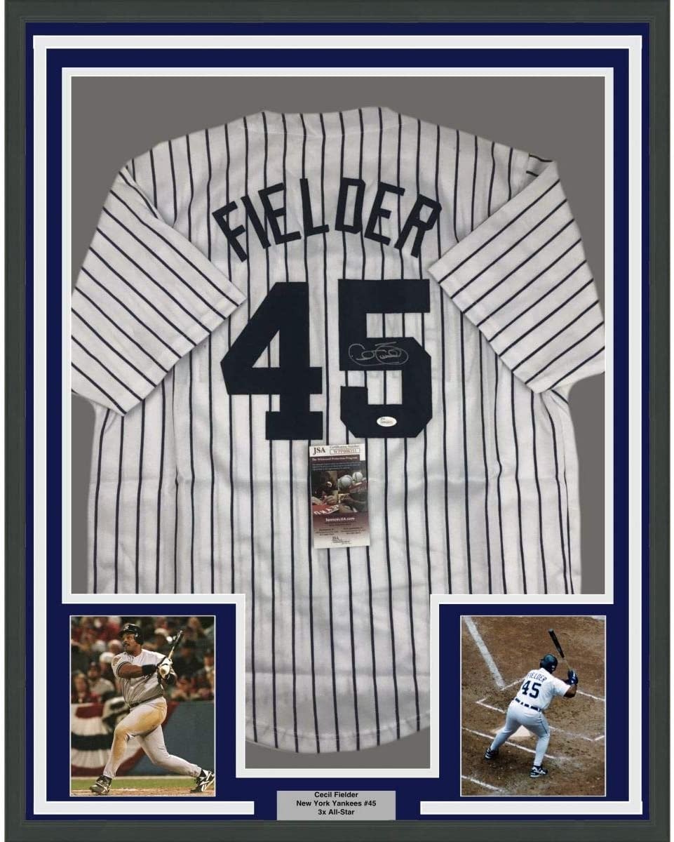 FRAMED Signed CECIL FIELDER 35x39 New York Pinstripe Jersey JSA COA product image 1, provided for visual reference and