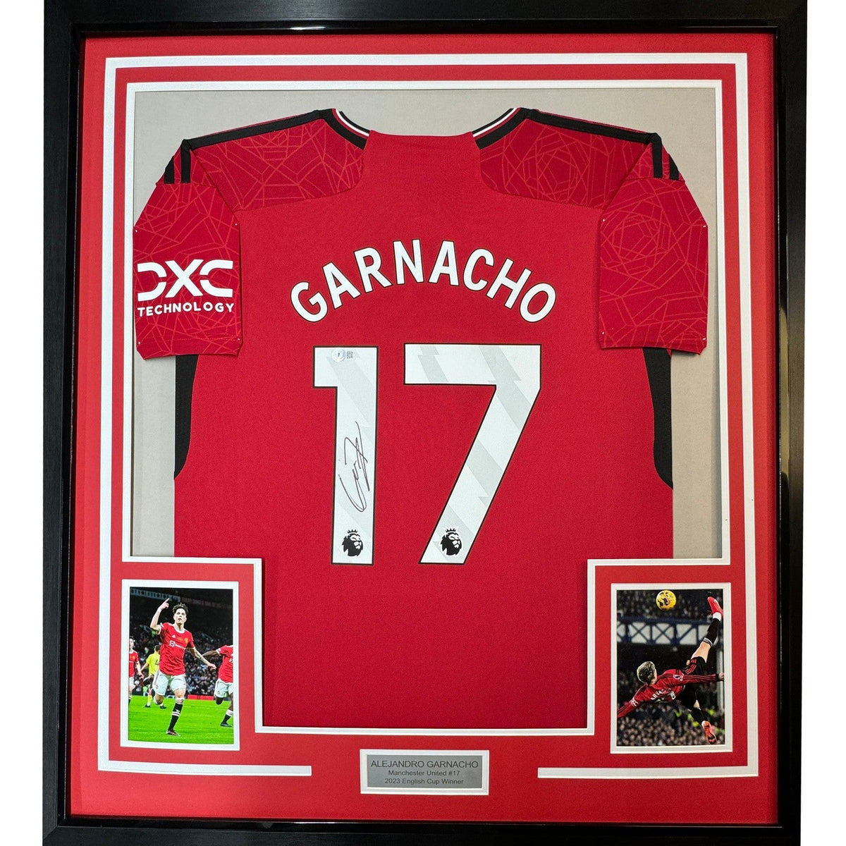 Framed Autographed/Signed Alejandro Garnacho 35x39 ManU Red Jersey BAS COA product image 1, provided for visual reference