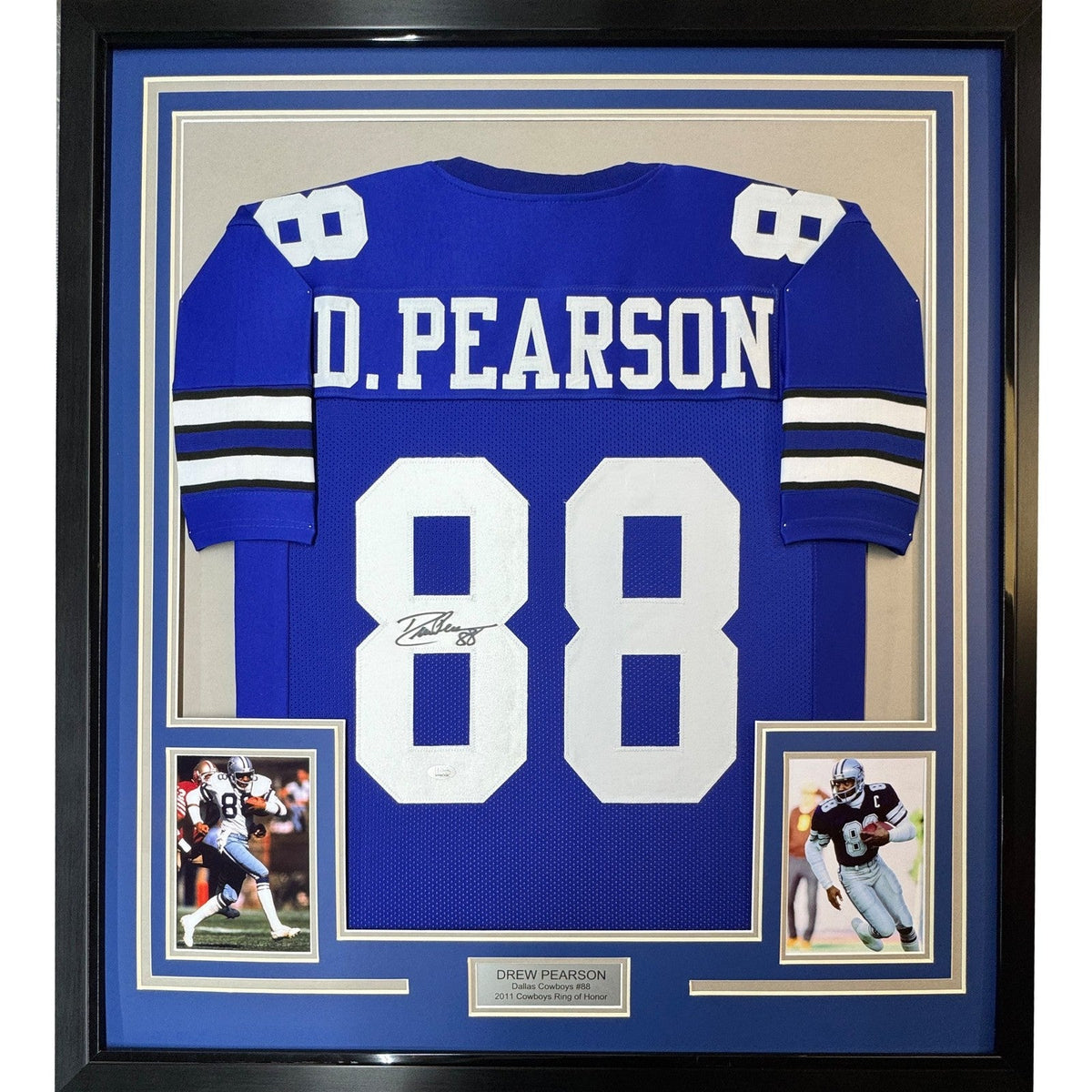 FRAMED Autographed/Signed DREW PEARSON 35x39 Dallas Blue Jersey JSA COA product image 1, provided for visual reference and