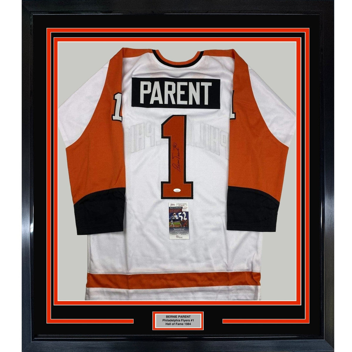 FRAMED Signed BERNIE PARENT 35x39 Philadelphia White Jersey JSA COA product image 1, provided for visual reference and
