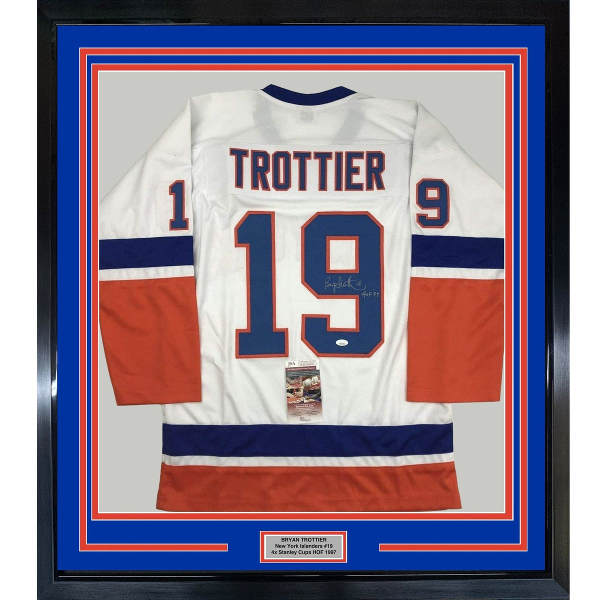 FRAMED Signed BRYAN TROTTIER HOF 97 35x39 NY White Jersey JSA COA product image 1, provided for visual reference and product