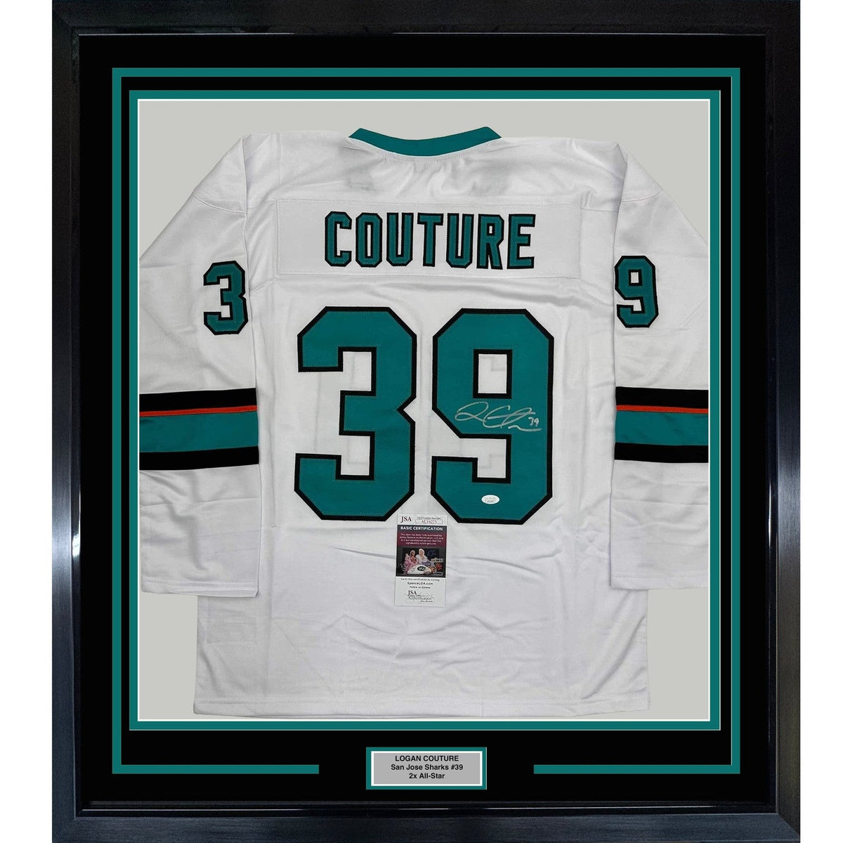 Framed Autographed/Signed Logan Couture 35x39 San Jose White Jersey JSA COA product image 1, provided for visual reference