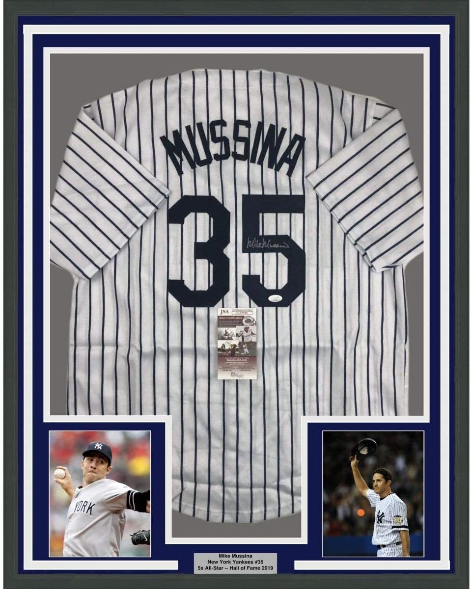 FRAMED Signed MIKE MUSSINA 35x39 New York Pinstripe Jersey JSA COA product image 1, provided for visual reference and
