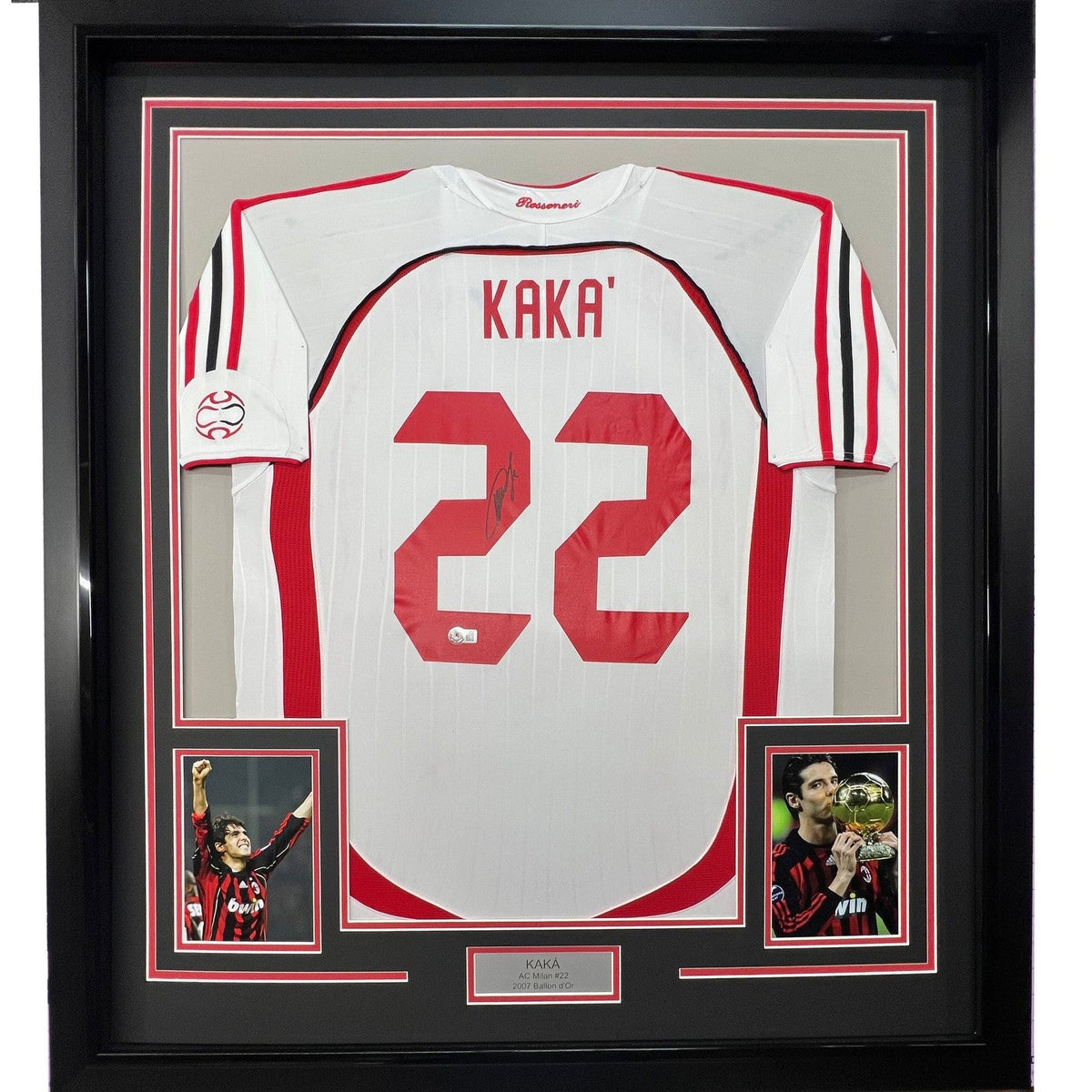 Framed Autographed/Signed Ricardo Kaka AC Milan 35x39 White Jersey BAS COA product image 1, provided for visual reference
