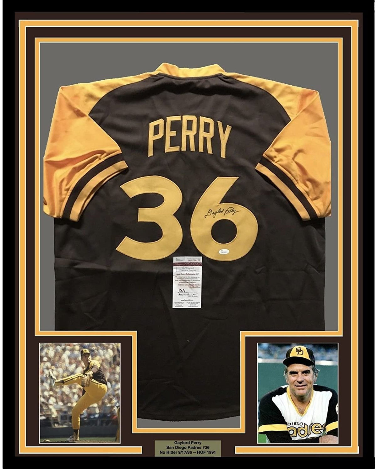 Framed Signed Gaylord Perry 35x39 San Diego Brown Jersey JSA COA product image 1, provided for visual reference and product