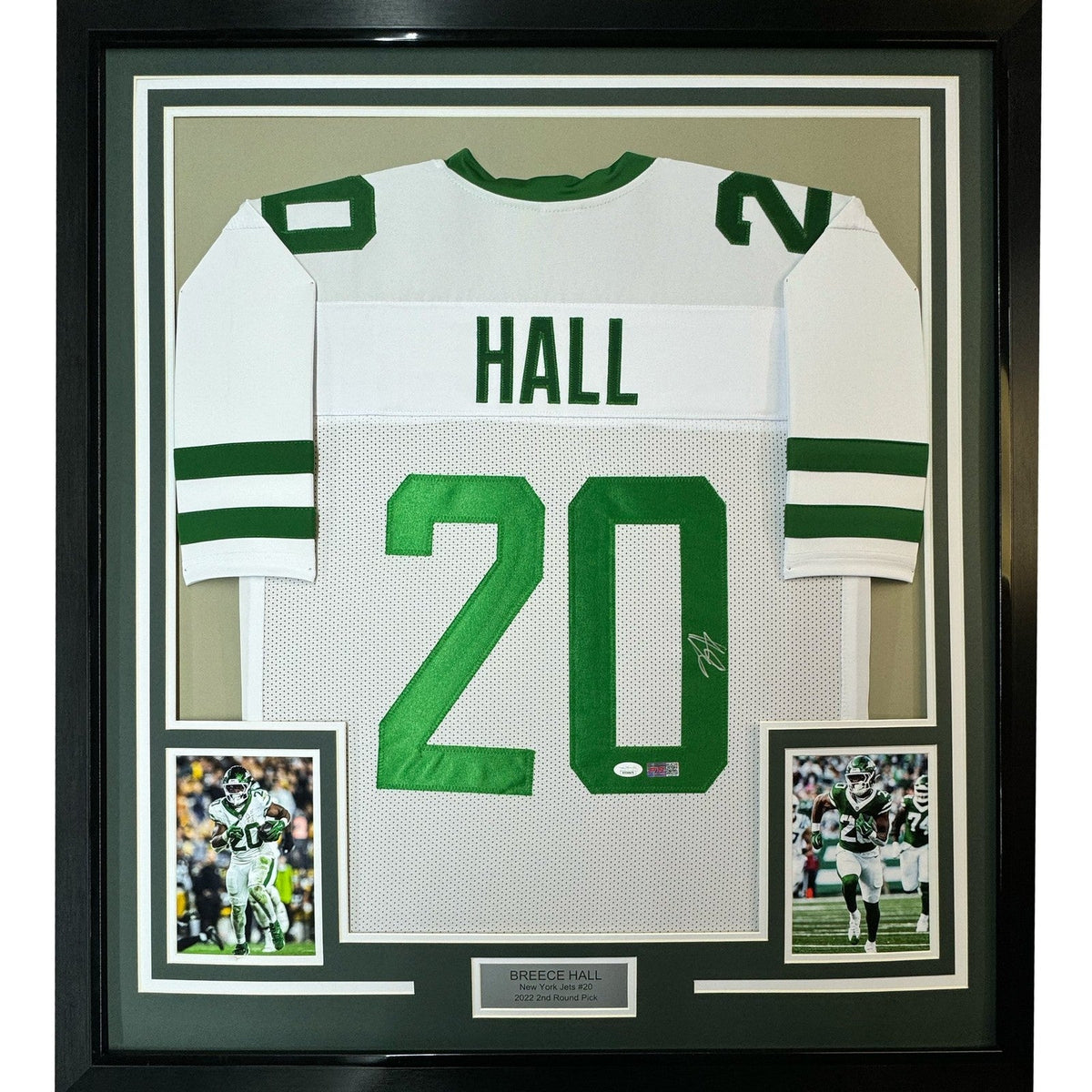 Framed Autographed/Signed Breece Hall 35x39 New York White Jersey JSA COA product image 1, provided for visual reference and