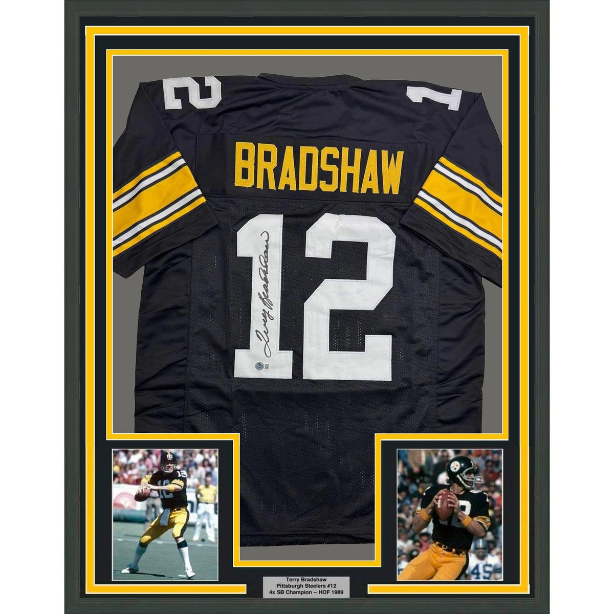 Framed Autographed/Signed Terry Bradshaw 35x39 Pittsburgh Black Jersey COA product image 1, provided for visual reference