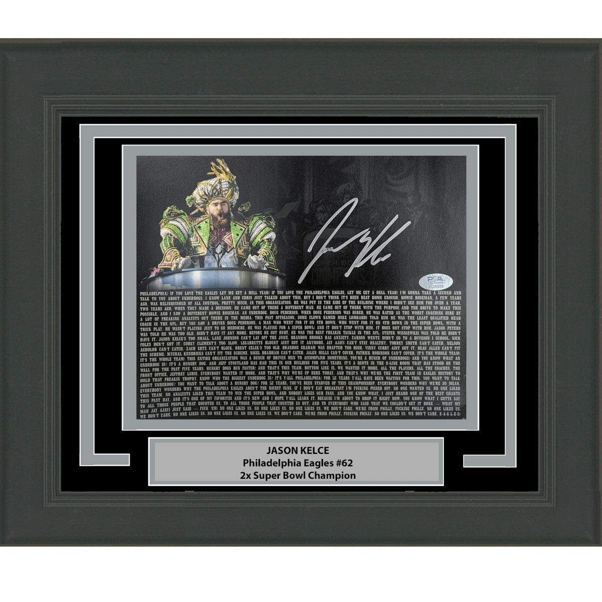 Framed Autographed/Signed Jason Kelce Parade Transcript 8x10 Photo PSA COA product image 1, provided for visual reference