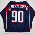Autographed/Signed Elvis Merzlikins Columbus Blue Jersey Beckett BAS COA product image 1, provided for visual reference and