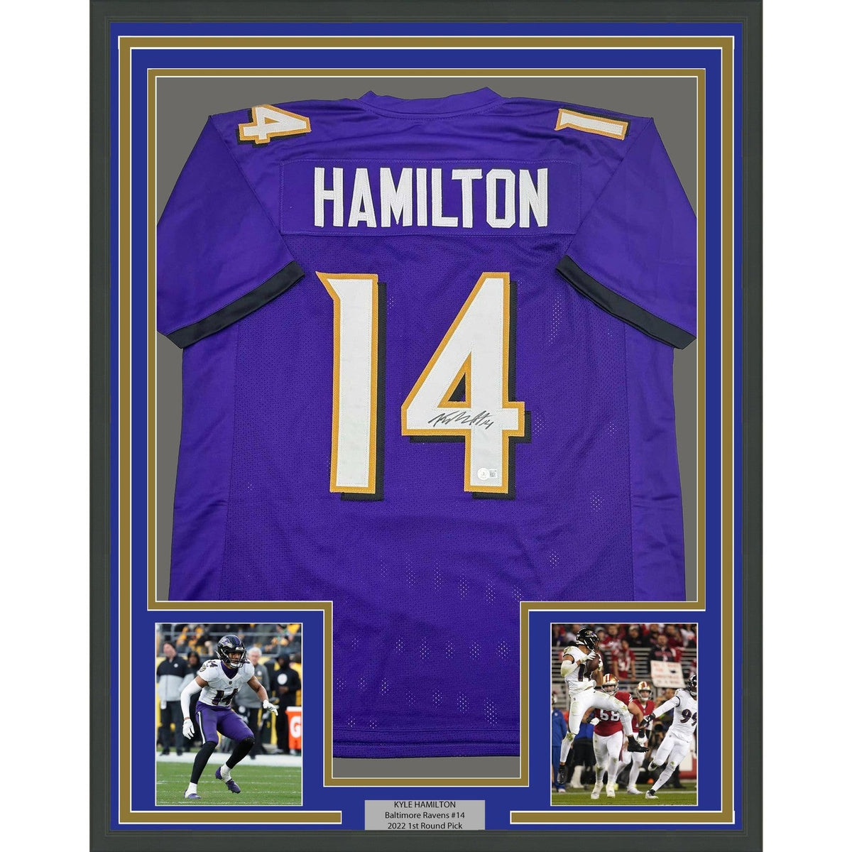 Framed Autographed/Signed Kyle Hamilton 35x39 Baltimore Purple Jersey COA product image 1, provided for visual reference and
