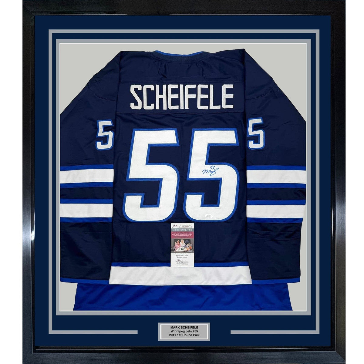Framed Autographed/Signed Mark Scheifele 35x39 Winnipeg Blue Jersey JSA COA product image 1, provided for visual reference