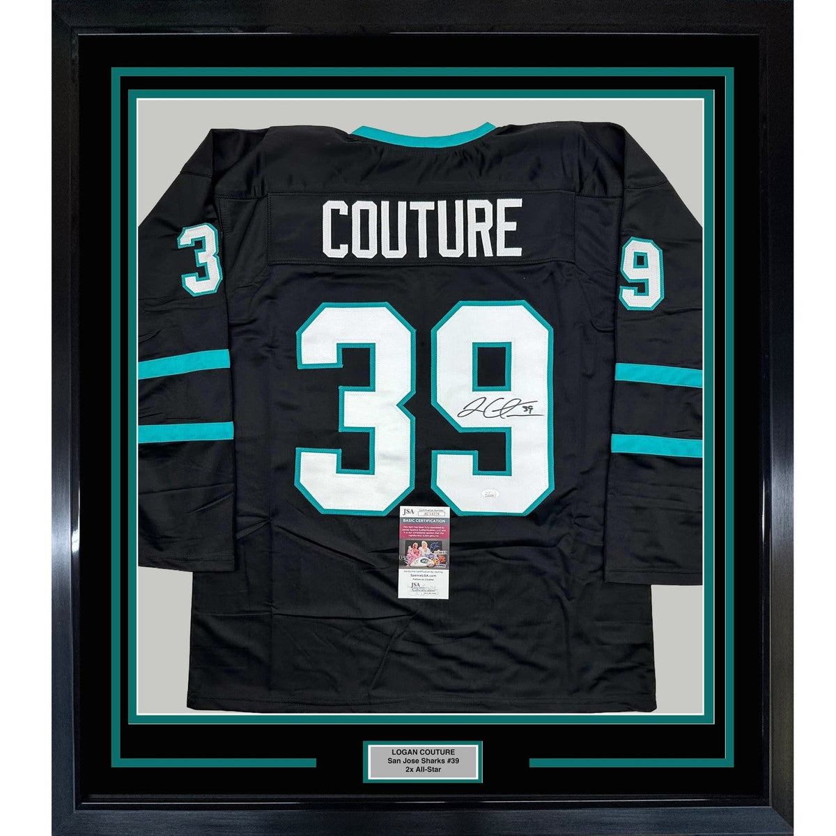 Framed Autographed/Signed Logan Couture 35x39 San Jose Black Jersey JSA COA product image 1, provided for visual reference