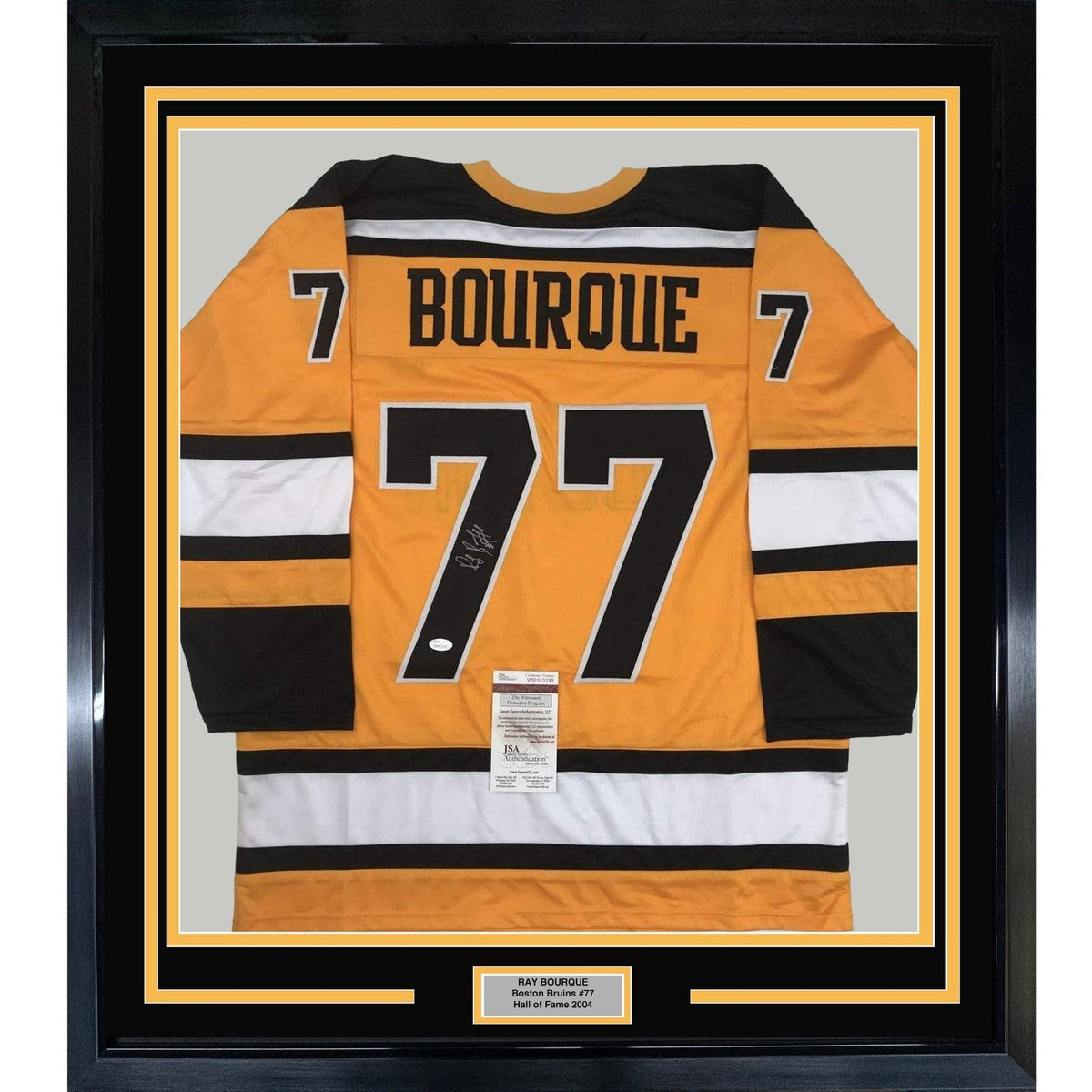 Framed Autographed/Signed Ray Bourque 35x39 Boston Yellow Jersey JSA COA product image 1, provided for visual reference and