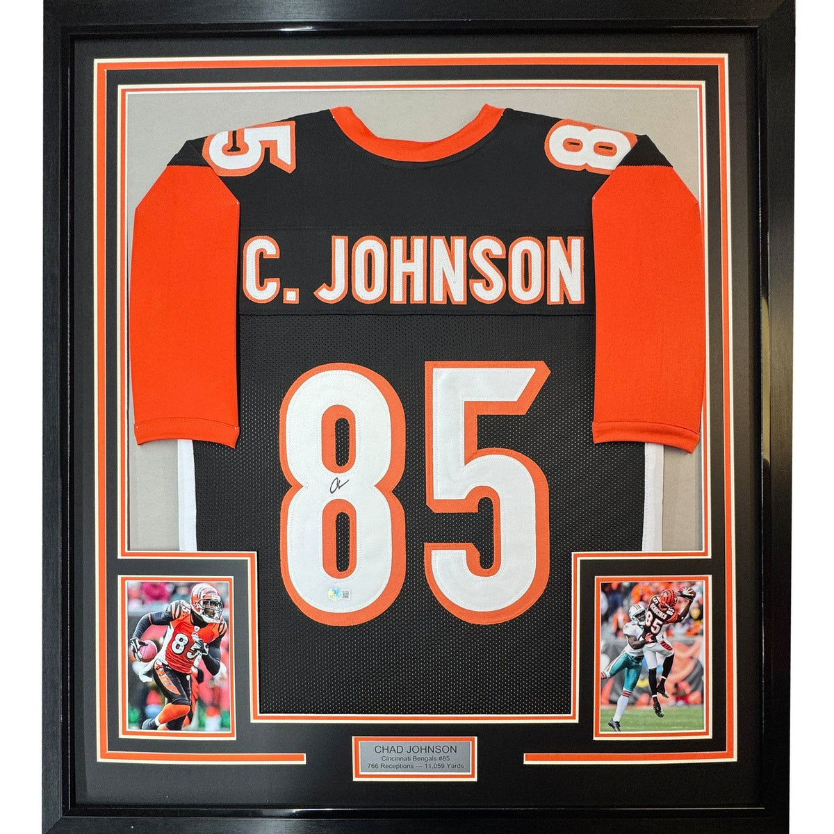 FRAMED Signed CHAD JOHNSON 35x39 Cincinnati Black Jersey JSA COA product image 1, provided for visual reference and product