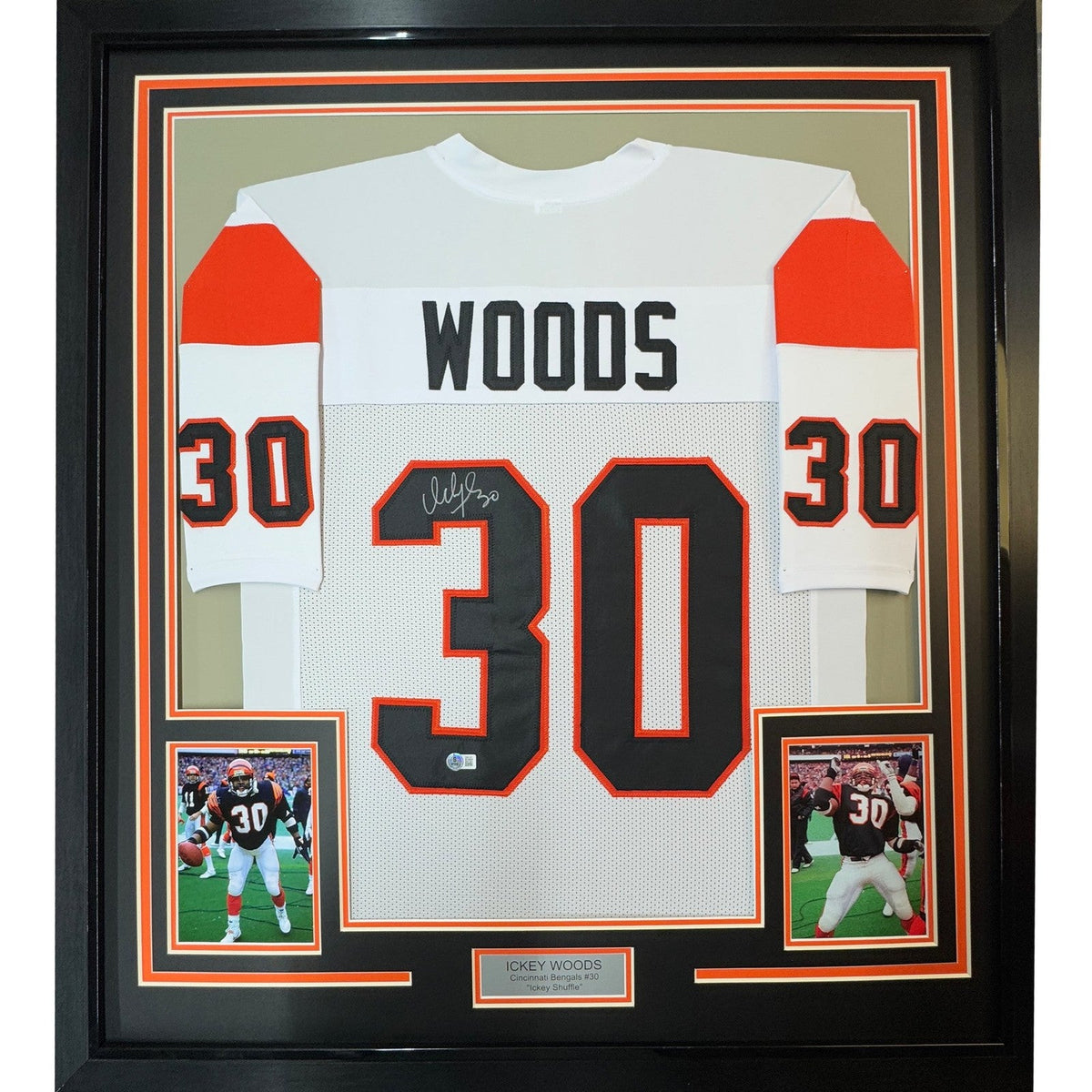 Framed Autographed/Signed Ickey Woods 35x39 Cincinnati White Jersey JSA COA product image 1, provided for visual reference