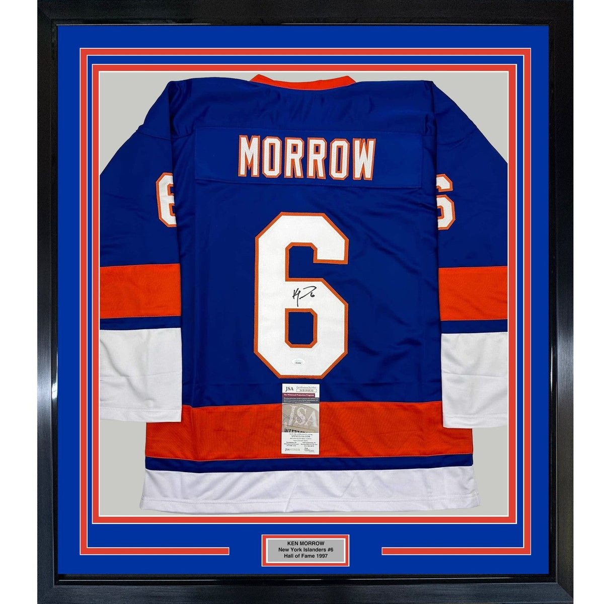 Framed Autographed/Signed Ken Morrow 35x39 New York Blue Jersey JSA COA product image 1, provided for visual reference and