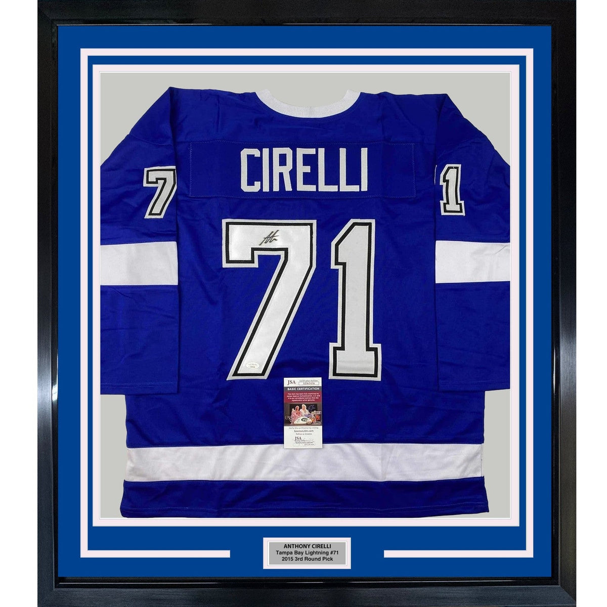 Framed Signed Anthony Cirelli 35x39 Tampa Bay Blue Jersey JSA COA product image 1, provided for visual reference and product