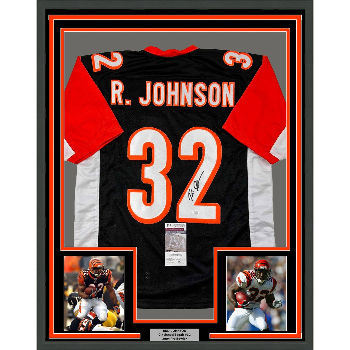 Framed Signed Rudi Johnson 35x39 Cincinnati Black Jersey JSA COA product image 1, provided for visual reference and product