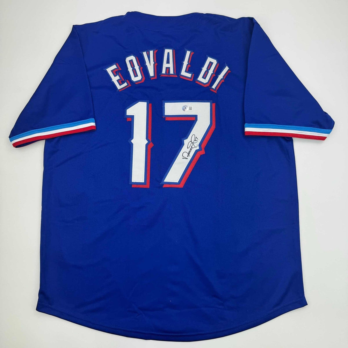 Autographed/Signed Nathan Eovaldi Texas Blue Jersey Beckett BAS COA product image 1, provided for visual reference and