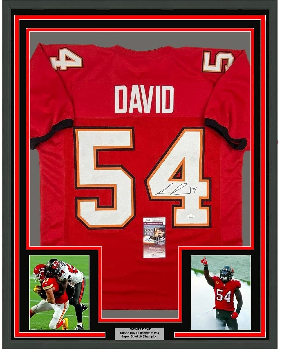 Framed Autographed/Signed Lavonte David 35x39 Tampa Bay Red Jersey JSA COA product image 1, provided for visual reference