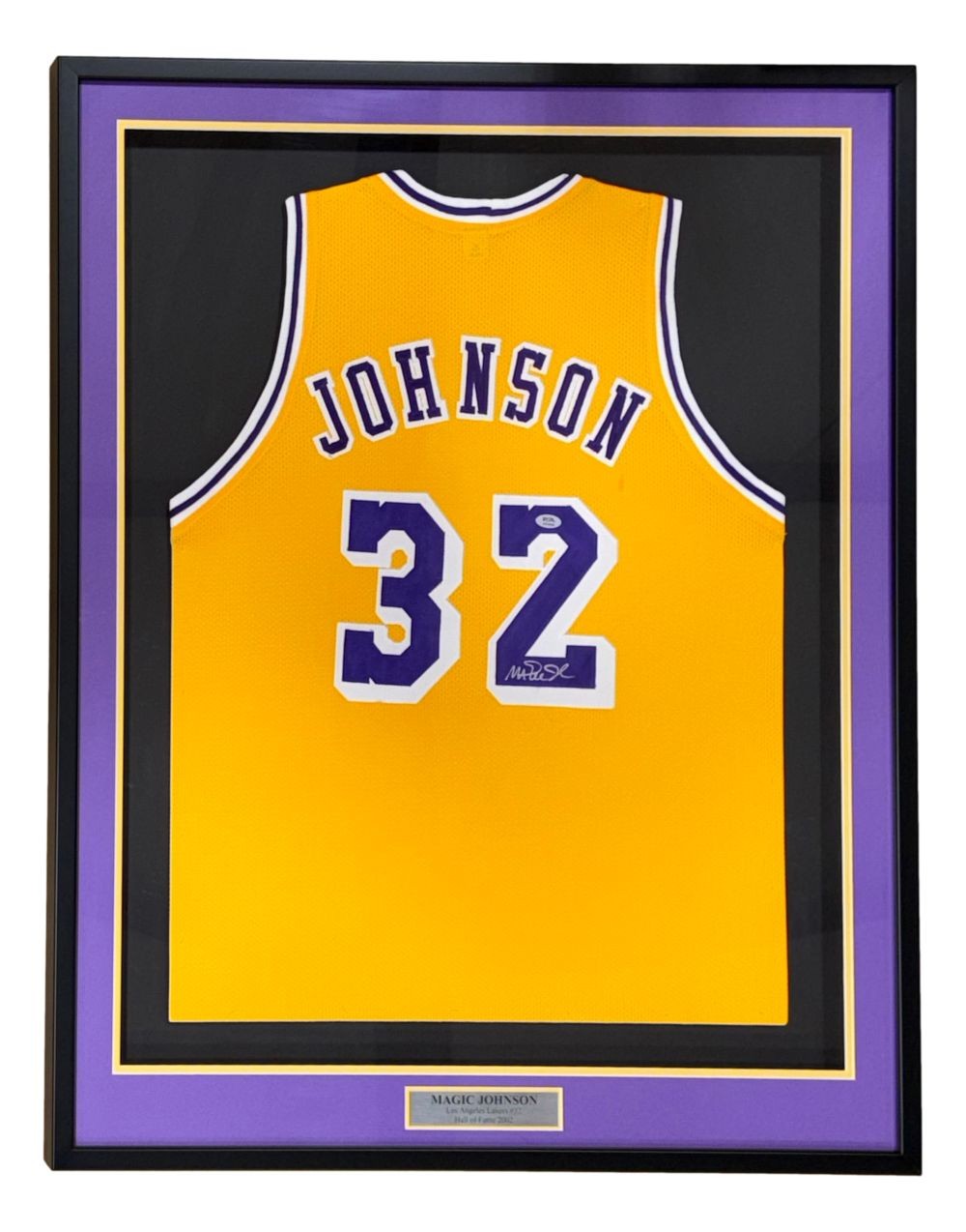 Magic Johnson Los Angeles Signed Framed Yellow Basketball Jersey PSA/DNA product image 1, provided for visual reference and