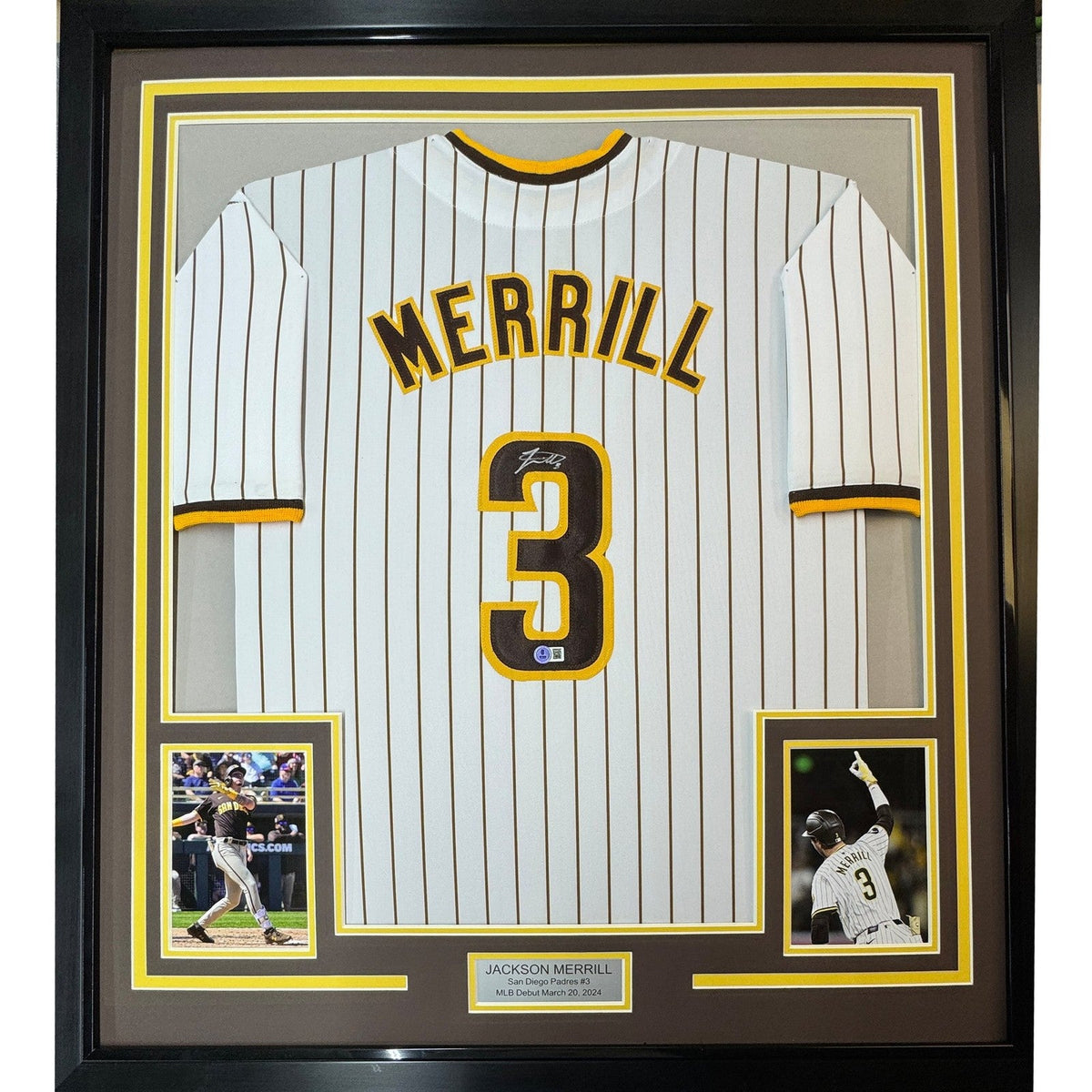 Framed Signed Jackson Merrill 35x39 San Diego Pin Jersey Beckett COA product image 1, provided for visual reference and