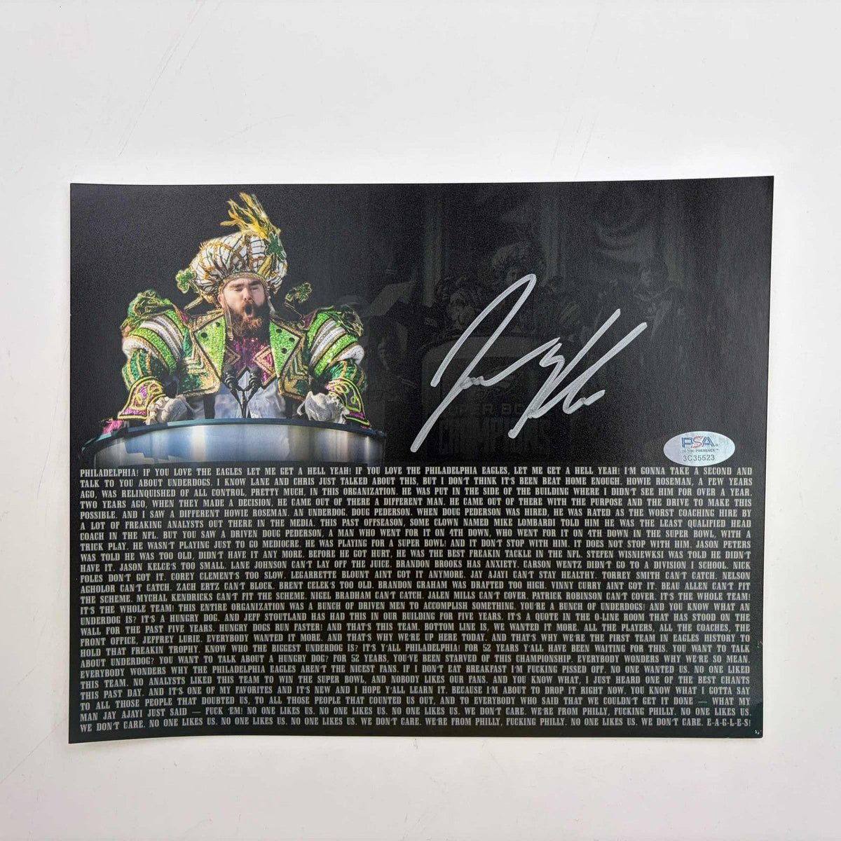 Autographed/Signed Jason Kelce Parade Speech Transcript 8x10 Photo PSA COA product image 1, provided for visual reference