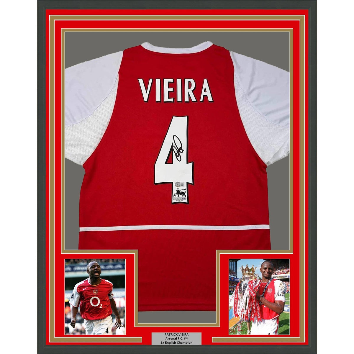 Framed Autographed/Signed Patrick Vieira 35x39 Arsenal Red Jersey BAS COA product image 1, provided for visual reference and