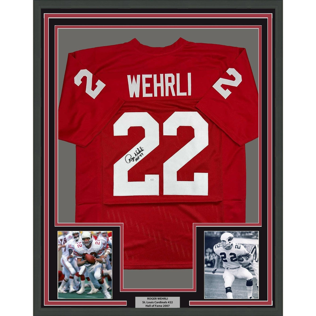 Framed Signed Roger Wehrli 35x39 HOF 07 Arizona Red Jersey JSA COA product image 1, provided for visual reference and