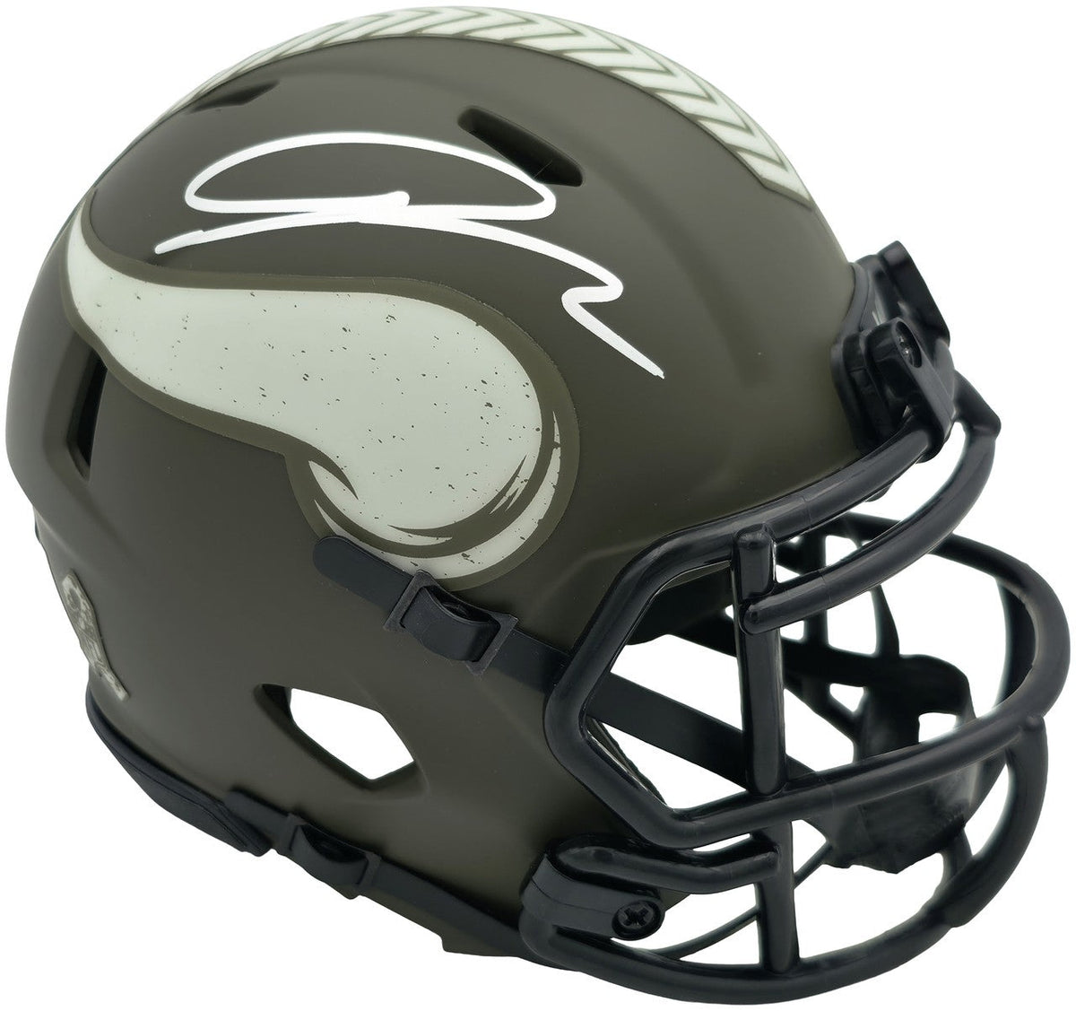 Jordan Addison Minnesota Vikings Army Green Signed Speed Mini Helmet Beckett BAS product image 1, provided for visual
