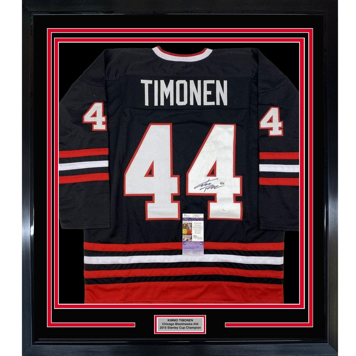 FRAMED Signed KIMMO TIMONEN 35x39 Chicago Black Jersey JSA COA Auto product image 1, provided for visual reference and