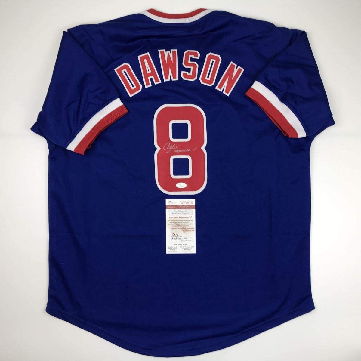 Autographed/Signed ANDRE DAWSON Chicago Blue Baseball Jersey JSA COA Auto product image 1, provided for visual reference and