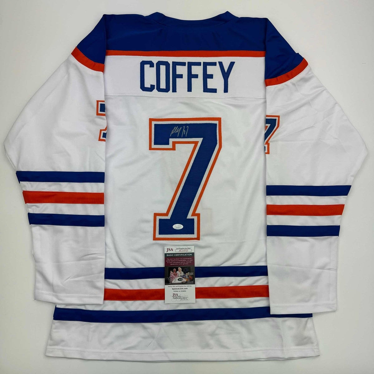 Autographed/Signed Paul Coffey Edmonton White Hockey Jersey JSA COA product image 1, provided for visual reference and