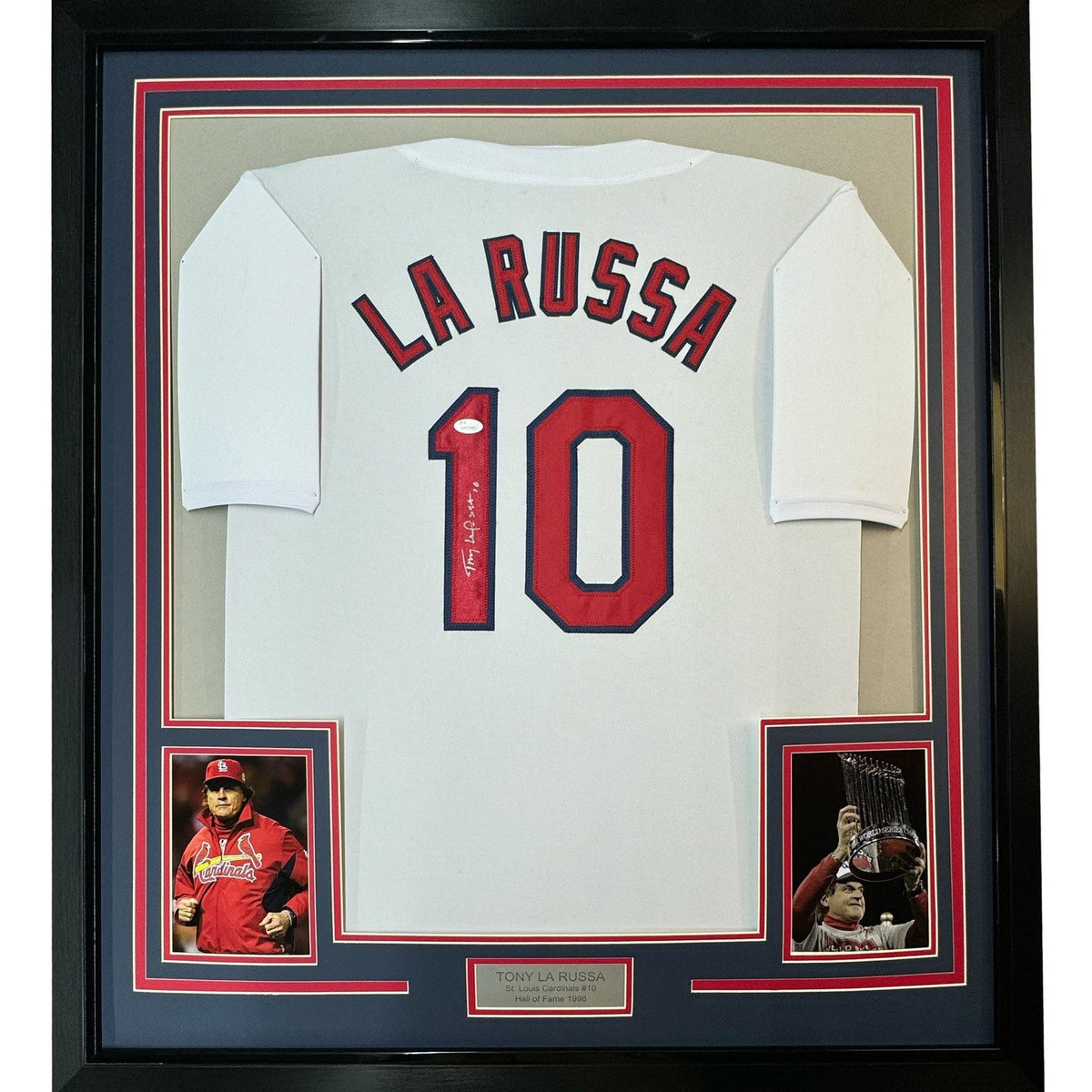 Framed Autographed/Signed Tony LaRussa 35x39 St. Louis White Jersey JSA COA product image 1, provided for visual reference