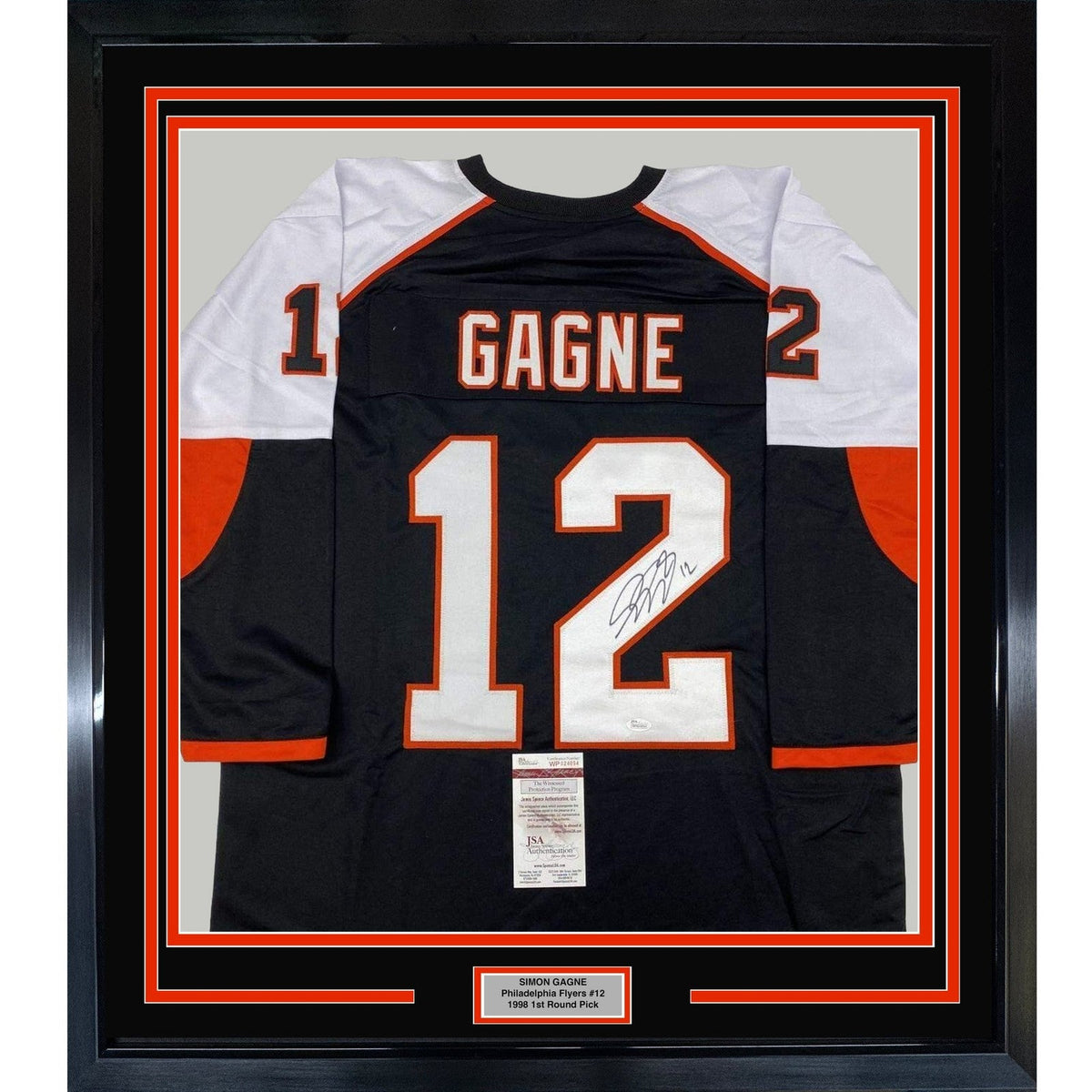 FRAMED Signed SIMON GAGNE 35x39 Philly Black Jersey JSA COA Auto product image 1, provided for visual reference and product