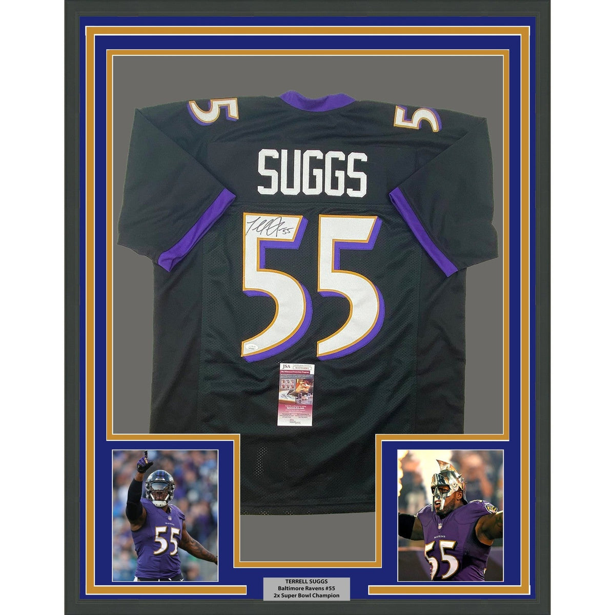 Framed Signed Terrell Suggs 35x39 Baltimore Black Jersey JSA COA product image 1, provided for visual reference and product